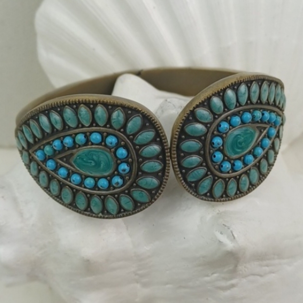 Vintage Boho Style Turquoise Tone Stone Paved Brassy Statement Hinge Bracelet